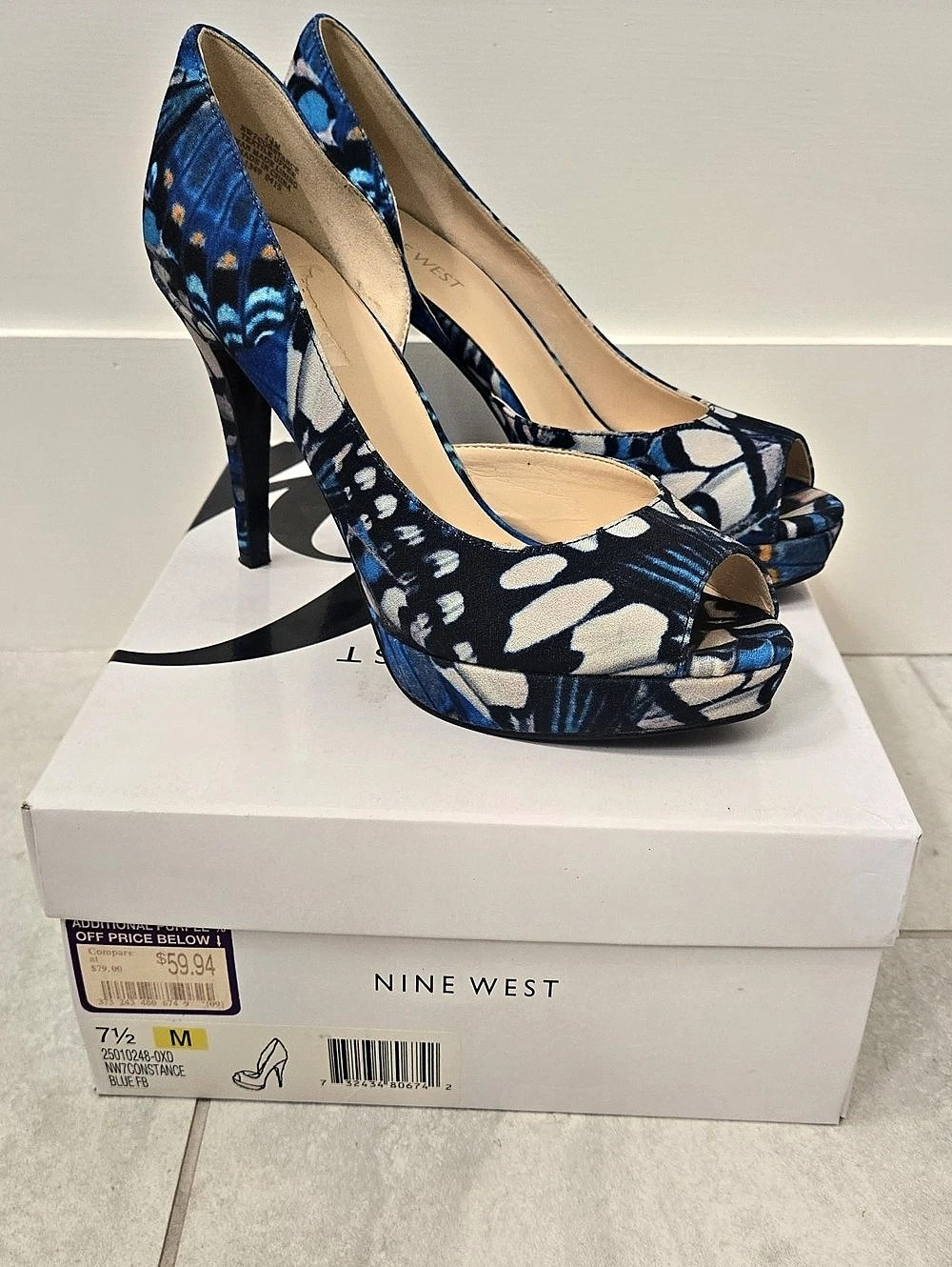 Nine West Constance Butterfly Print Platform Heels Blue & Black US 7.5